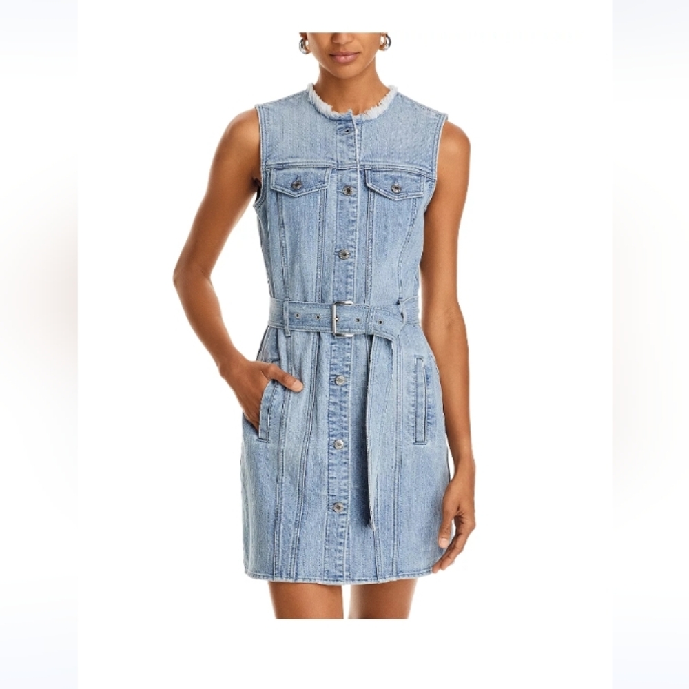 NWOT MICHAEL Michael Kors Frayed Neck Denim Shirt Dress Women's Size 6 - Picture 1 of 11
